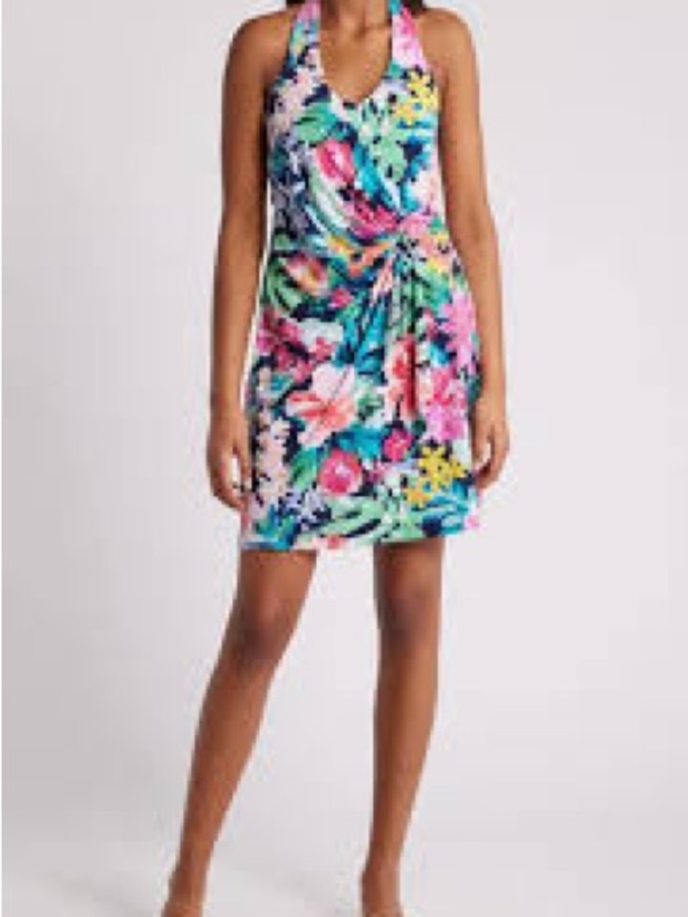 Tommy Bahama Clara Perfectly Paradise Halter Dress L Tropical Floral Bamboo Ring